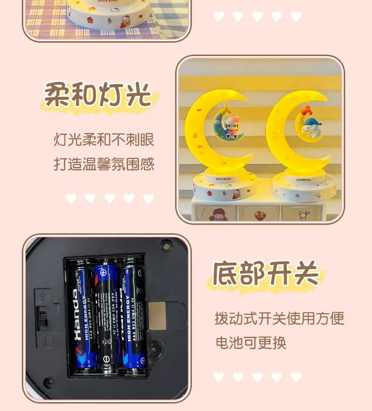 Sanrio Hello Kitty Moon Night Light Cartoon Anime Cinnamoroll Kuromi Doll Toy Accessories Kawaii Warm Light Eye Protection Light