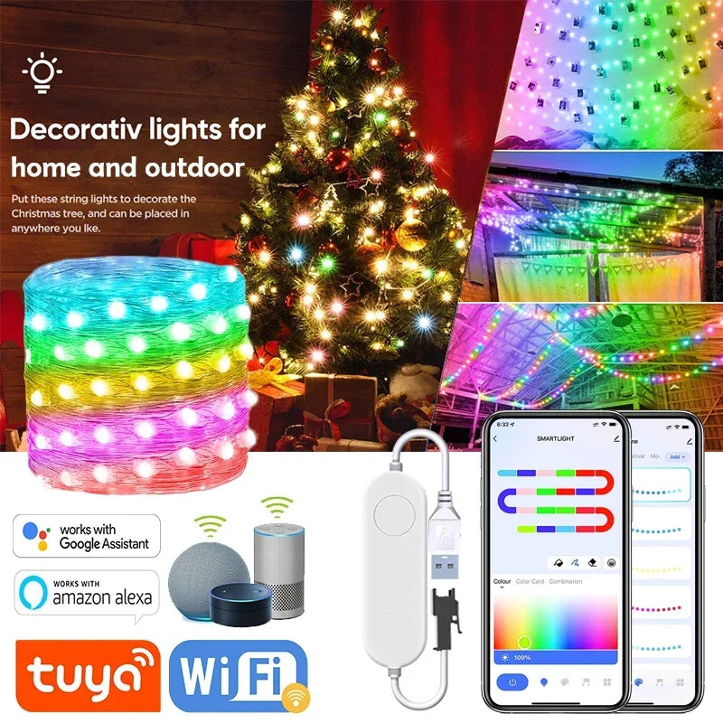 20M TUYA Led Fairy String Lights Music Sync 200LED WS2812B Copper Wire String Lights RGBIC Color Changing Segment Control Lights