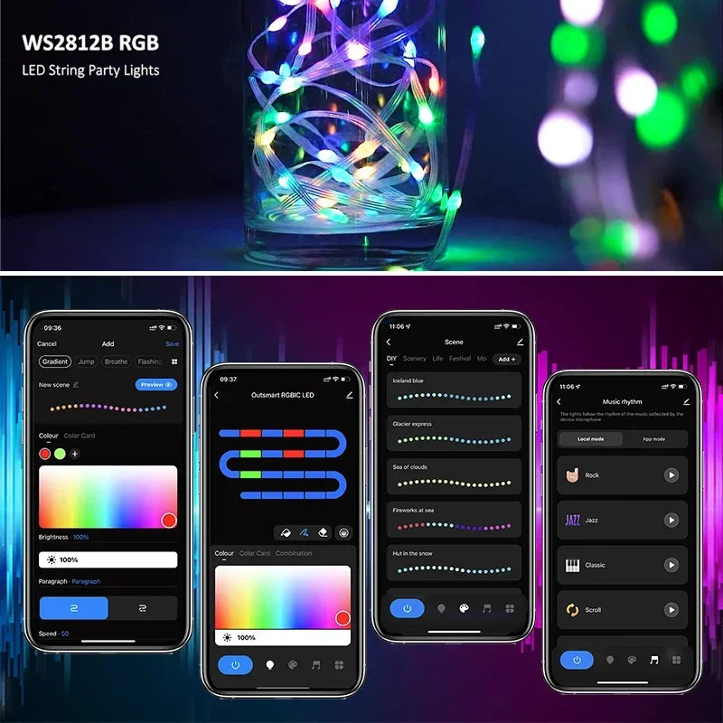 20M TUYA Led Fairy String Lights Music Sync 200LED WS2812B Copper Wire String Lights RGBIC Color Changing Segment Control Lights