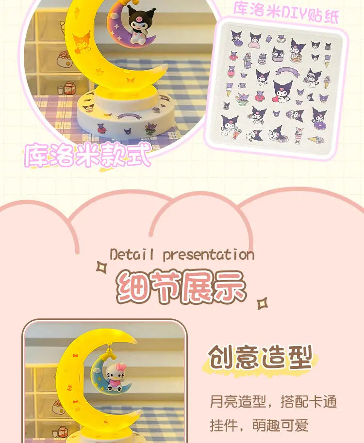 Sanrio Hello Kitty Moon Night Light Cartoon Anime Cinnamoroll Kuromi Doll Toy Accessories Kawaii Warm Light Eye Protection Light