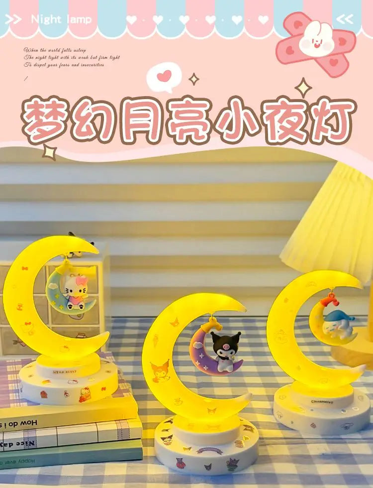 Sanrio Hello Kitty Moon Night Light Cartoon Anime Cinnamoroll Kuromi Doll Toy Accessories Kawaii Warm Light Eye Protection Light