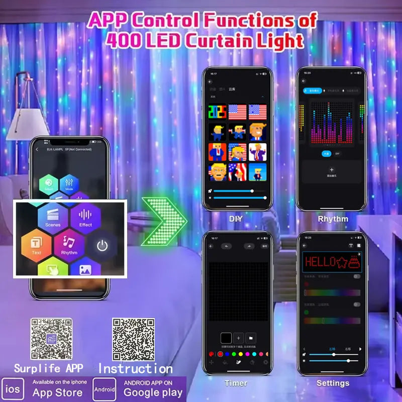 USB Led Smart Curtain Lights Bluetooth App Led String RGB Fairy Lights DIY Music Lights Party Window Curtain Bedroom Decoration