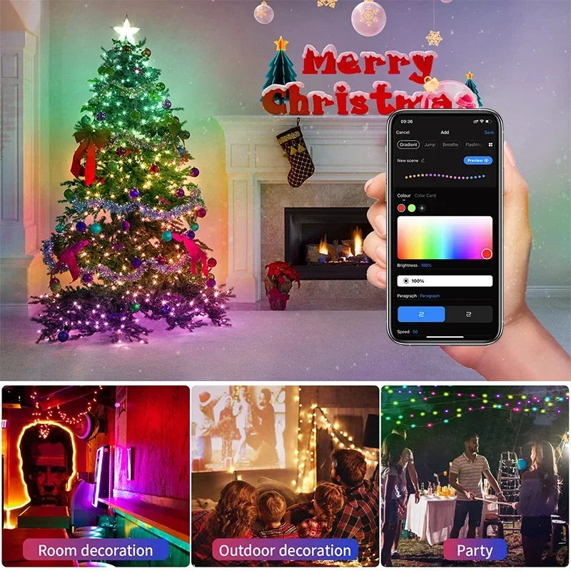 20M TUYA Led Fairy String Lights Music Sync 200LED WS2812B Copper Wire String Lights RGBIC Color Changing Segment Control Lights