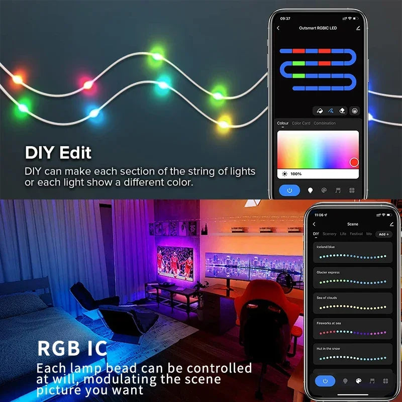 20M TUYA Led Fairy String Lights Music Sync 200LED WS2812B Copper Wire String Lights RGBIC Color Changing Segment Control Lights