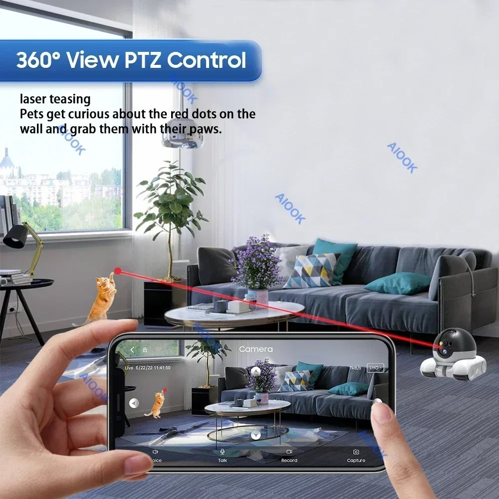 AIOOK Pet Camera HD 8MP 4K Dual Lens WIFI Camera Two-way Intercom Remote Pet Tracking Video Camera Night Vision