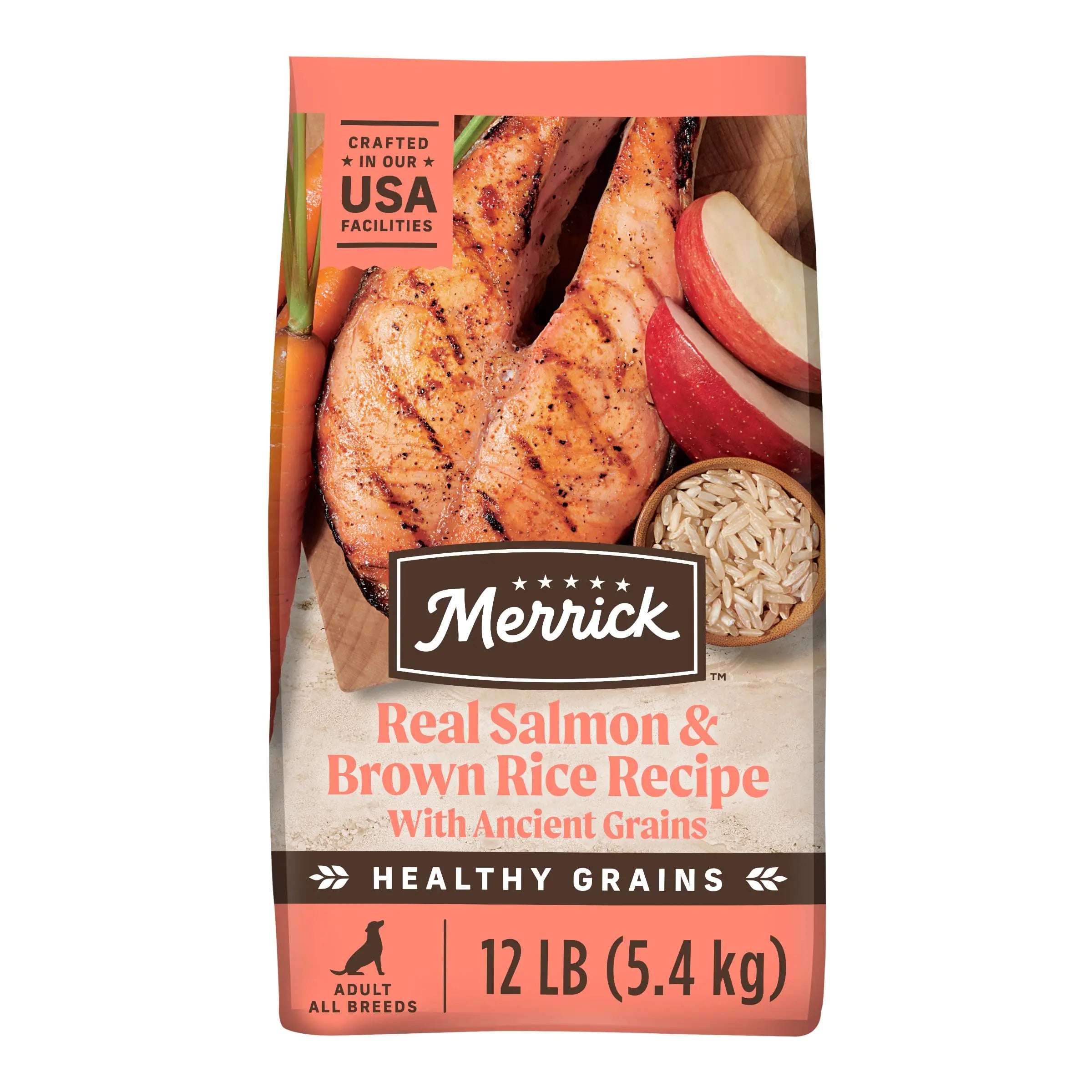 Merrick Healthy Grains Premium Adult Dry Dog Food Wholesome And Natural Kibble With Salmon And Brown Rice - 12.0 lb. Bag
